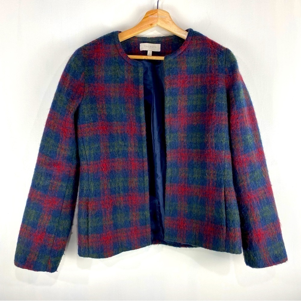 Talbots: Wool Blend Super Soft Fuzzy Warm Plaid Open Front Blazer Jacket Size 8